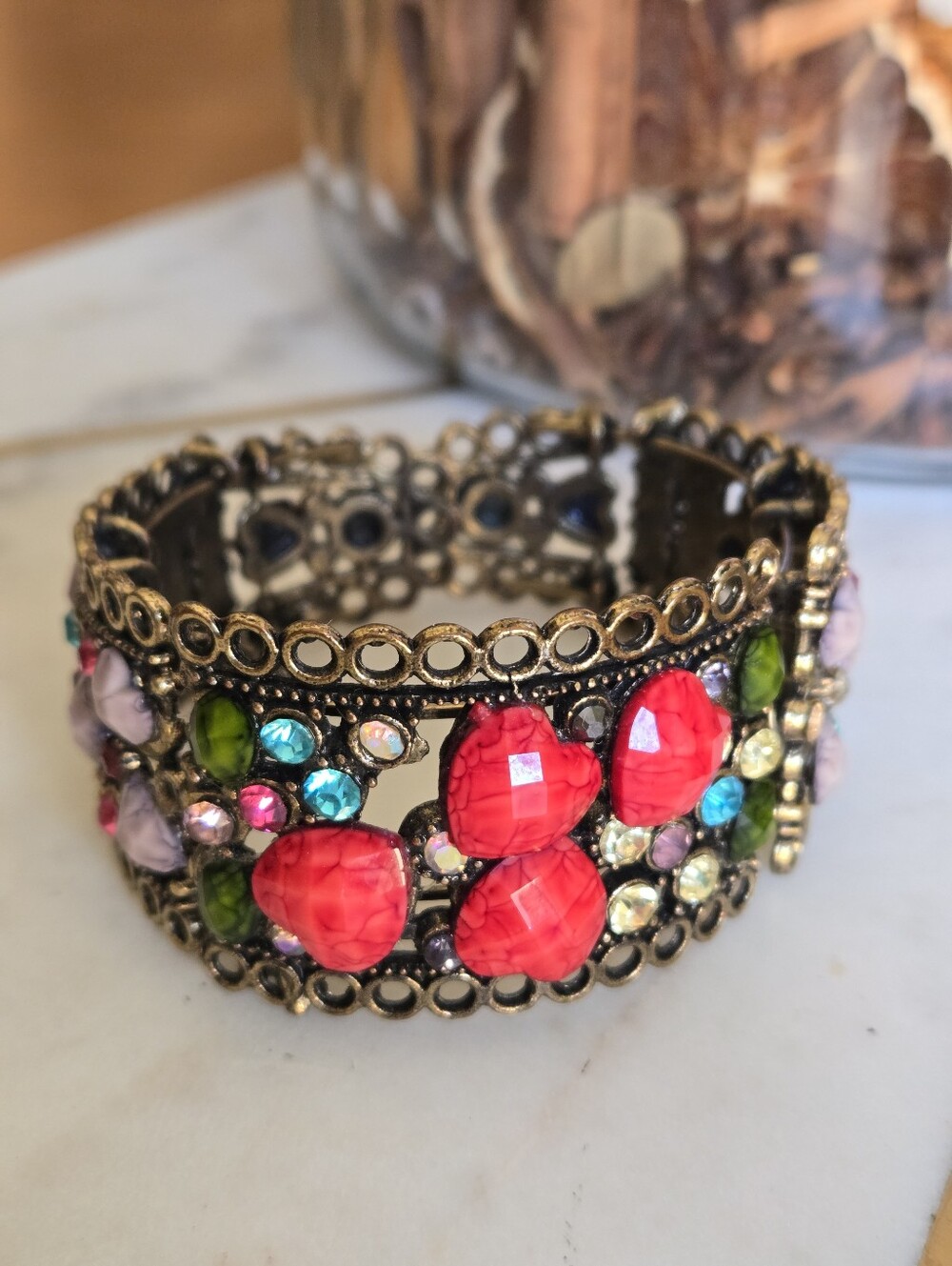 VINTAGE Boho Beaded Antique-bronze Metal Fillagre Bracelet
